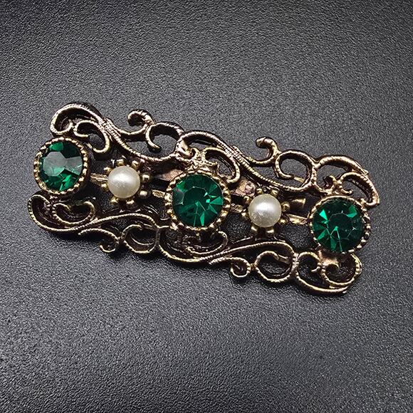 Unknown Jewelry - Green Rhinestone Faux Pearl Brooch Rectangle Filigree Vintage Jewelry